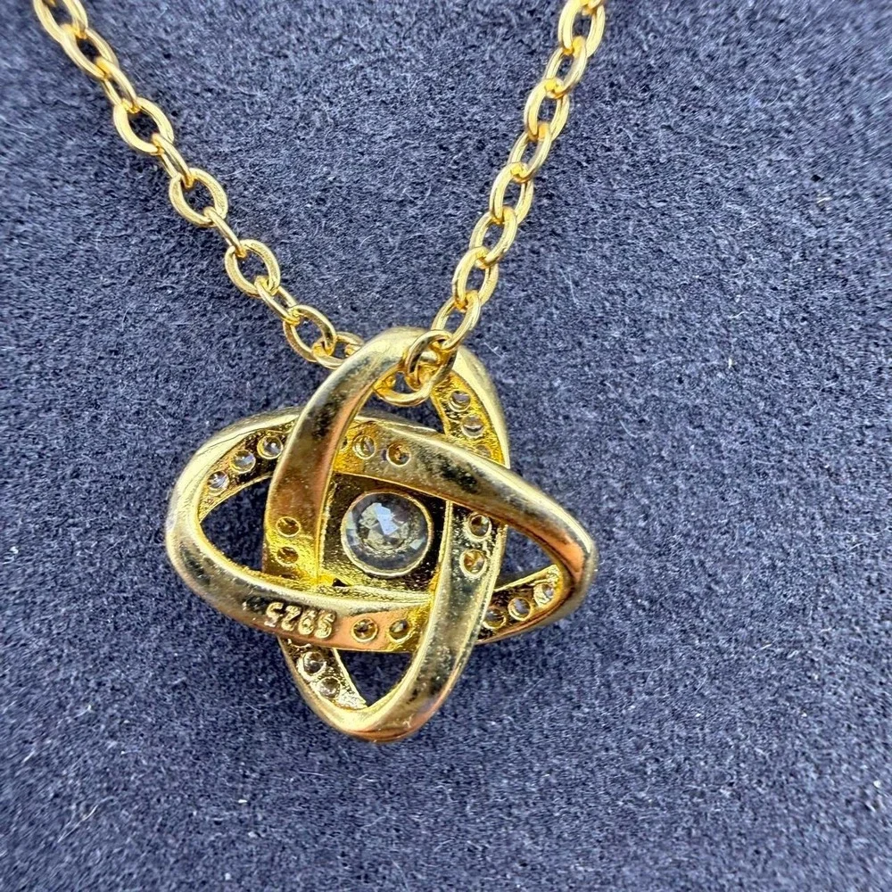 Sterling CZ Love Knot Necklace Gold Tone Interlocking Pendant Classic Design